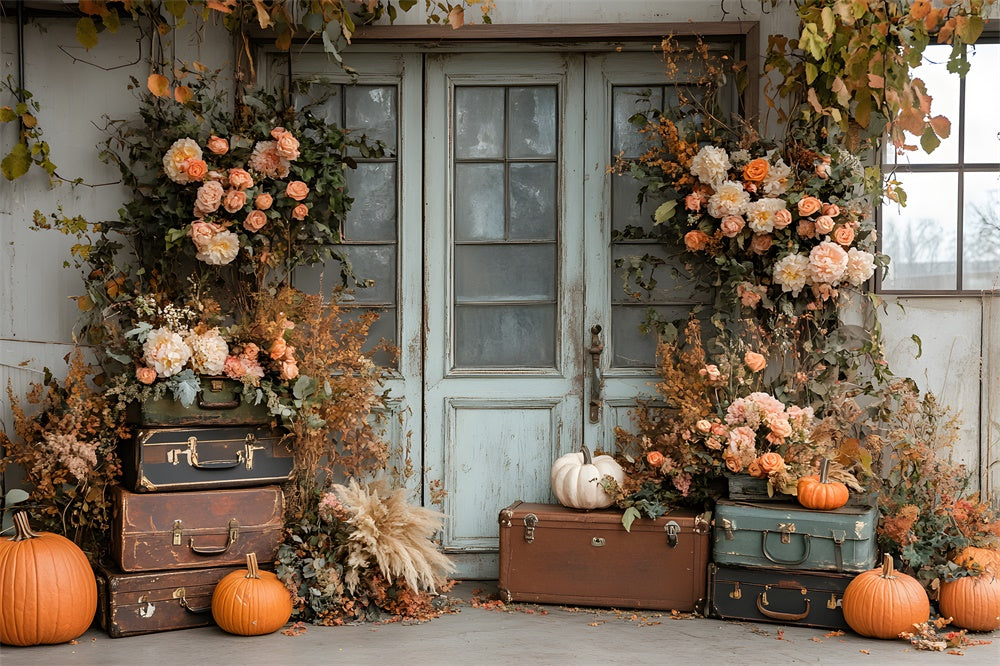 Autumn Dried Leaves Flowers Pumpkin Door Backdrop UK RR8-325