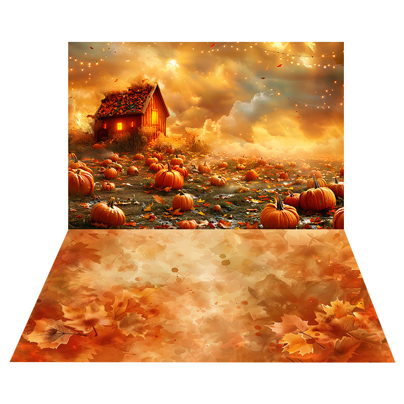 Autumn Pumpkin Field Backdrop+Maple Leaves Floor Backdrop UK RR8-525