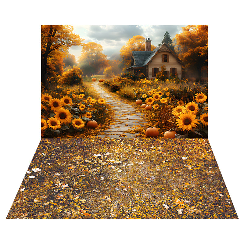 Autumn Sunflower Trail Backdrop+Withered Grass Floor Backdrop UK RR8-526