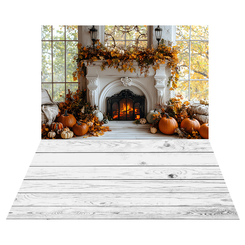 Autumn Pumpkin Fireplace Backdrop+White Wood Floor Backdrop UK RR8-529