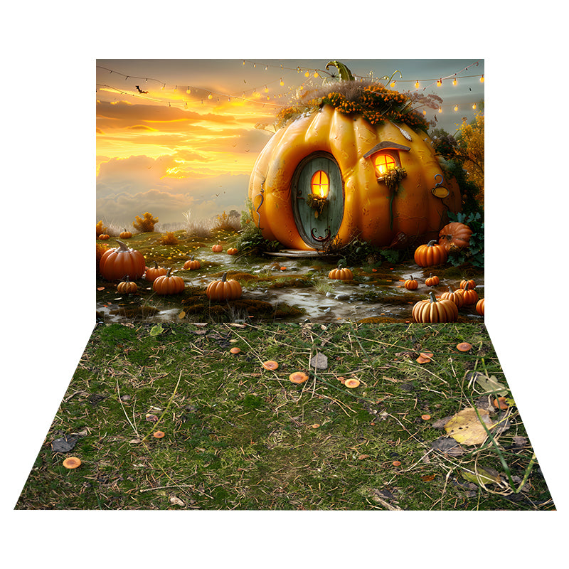 Autumn Pumpkin House Backdrop+Grass Leaves Floor Backdrop UK RR8-531