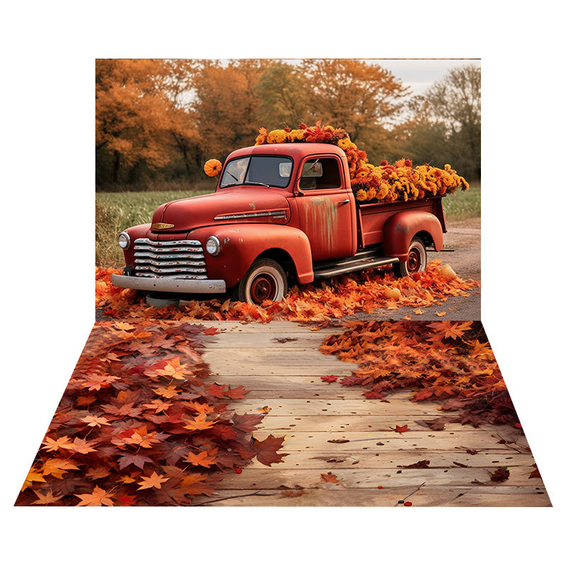 Autumn Red Truck Backdrop+Maple Leaves Wood Floor Backdrop UK RR8-537