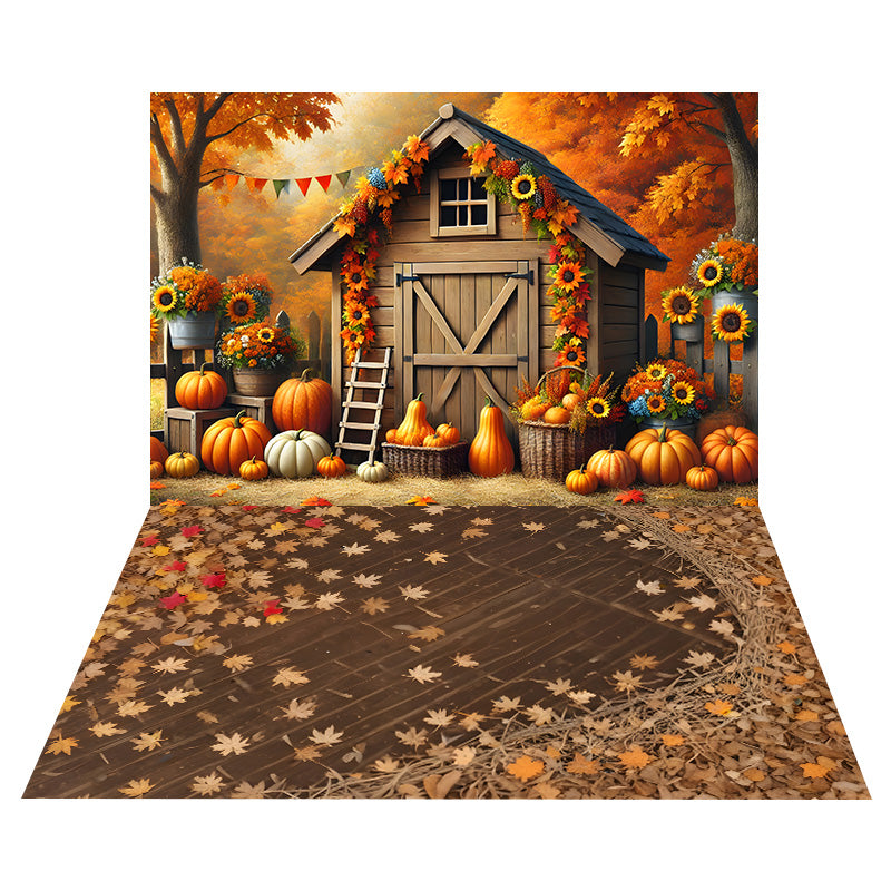 Autumn Wooden House Backdrop+Maple Leaves Floor Backdrop UK RR8-540