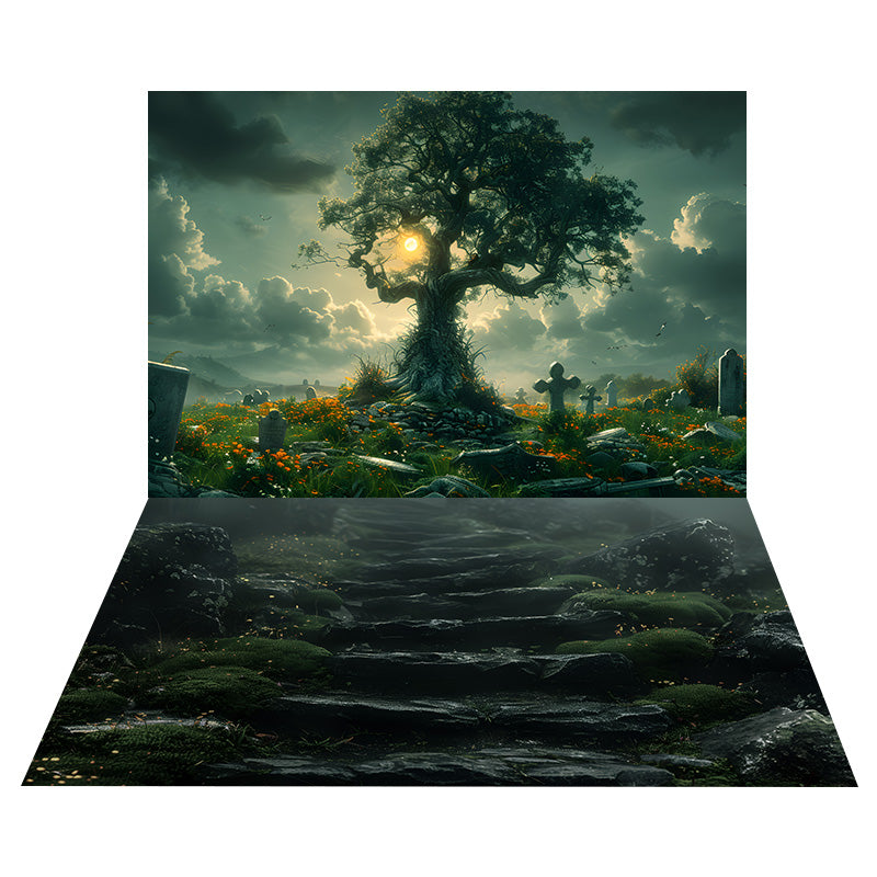 Halloween Graveyard Tree Backdrop+Forest Path Floor Backdrop UK RR8-541