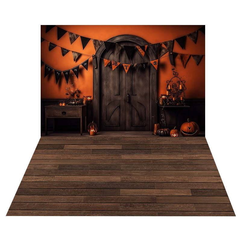 Halloween Door Red Wall Backdrop+Retro Wood Floor Backdrop UK RR8-548