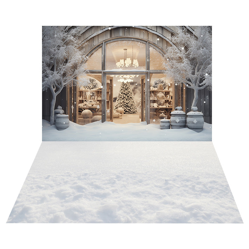 Christmas Tree Shop Window Backdrop+Snow Floor Backdrop UK RR8-565