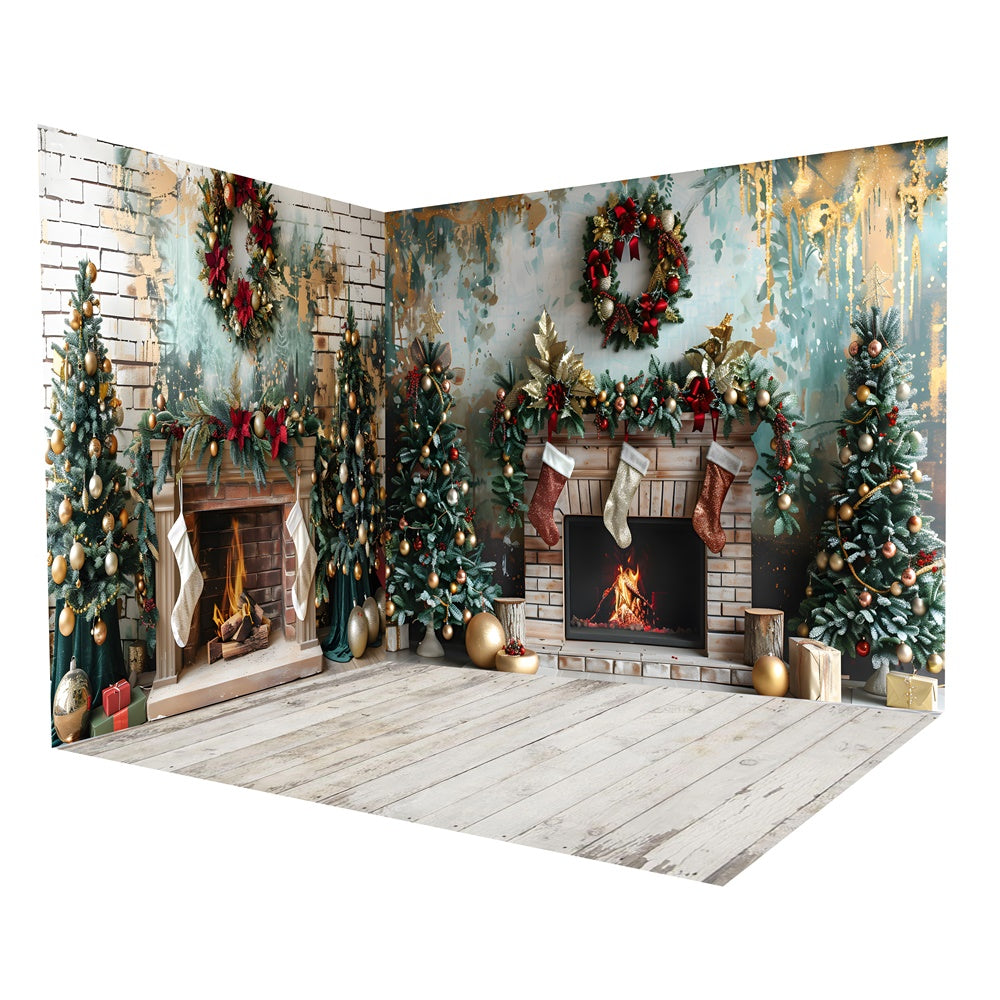 Christmas Tree Fireplace Wreath Backdrop Room Set UK RR8-607