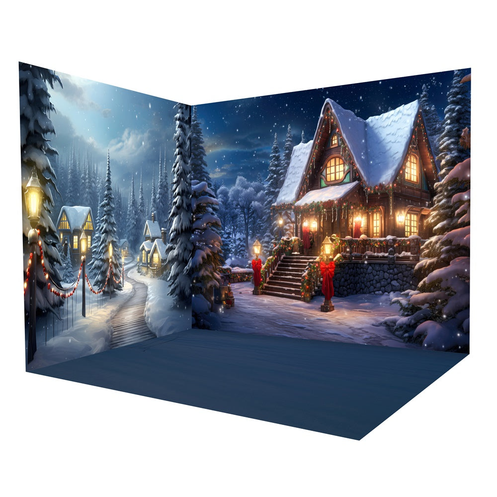 Winter Christmas Forest House Snow Backdrop Room Set RR8-619