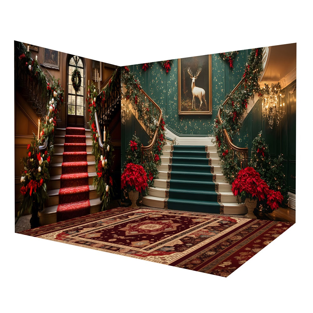 Christmas Retro Room Stairs Burgundy Carpet Backdrop Room Set UK RR8-626