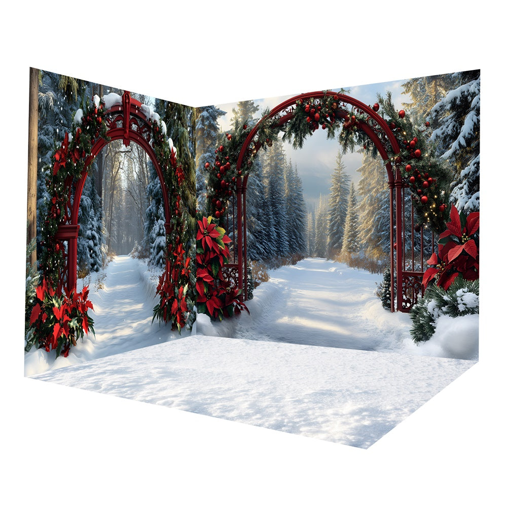 Winter Snow Forest Poinsettia Garland Backdrop Room Set RR8-631