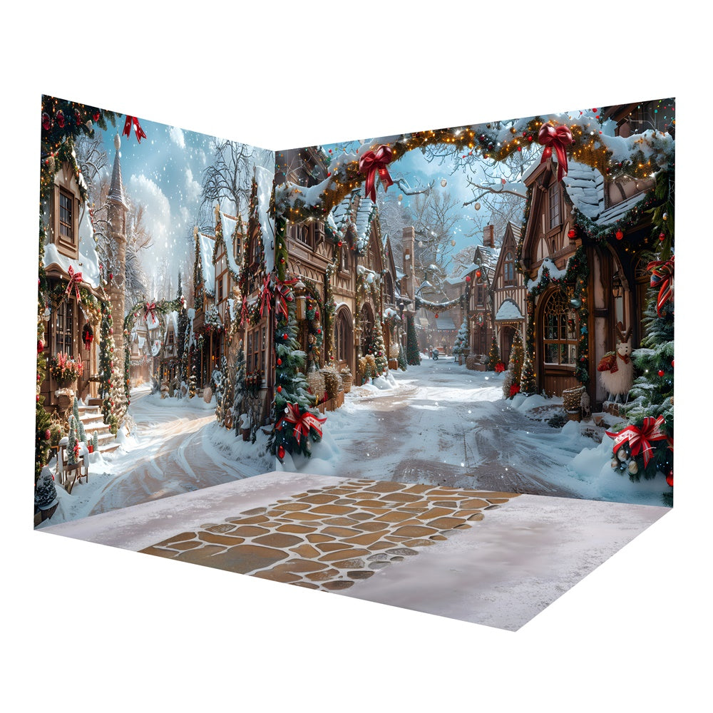 Christmas Snowy Street House Garland Backdrop Room Set UK RR8-633