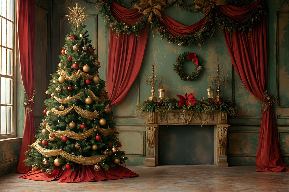 Christmas Tree Vintage Wall Curtain Backdrop UK RR8-92