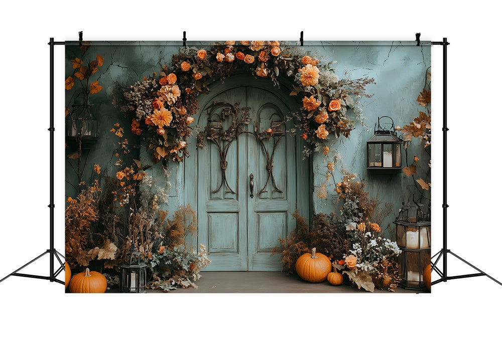 Vintage Green Wall Door Autumn Flowers Backdrop UK RR9-23