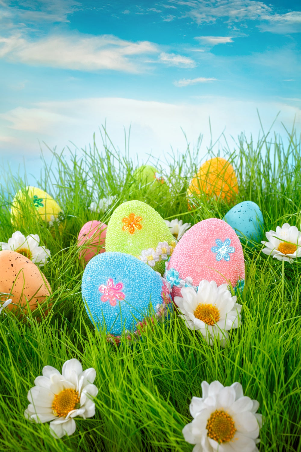 Easter Backdrops Photography Blue Sky Egg Blossoms Backdrop UK TWW3-20