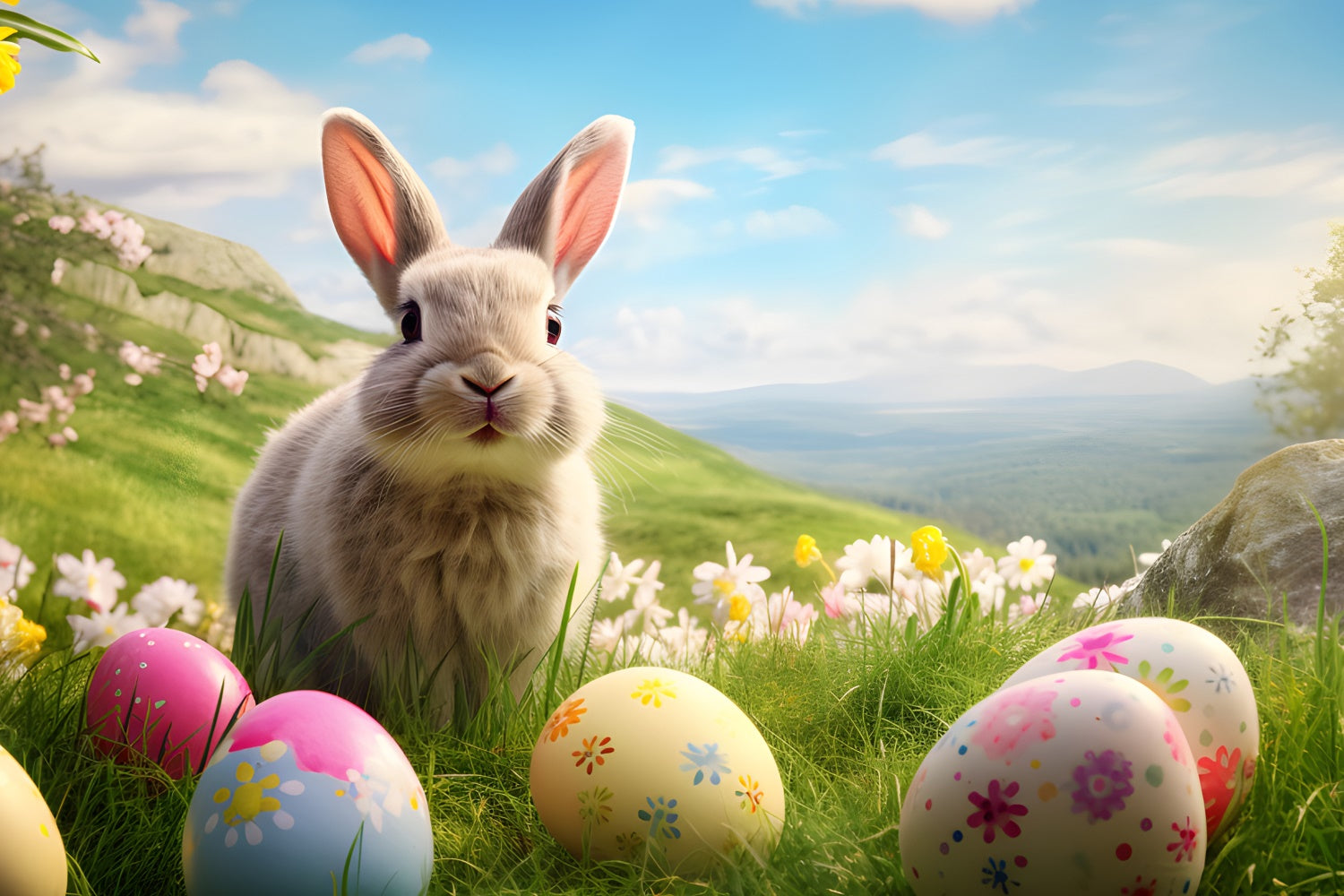 Easter Egg Backdrop Happy Bunny Spring Hillside Backdrop UK TWW3-33