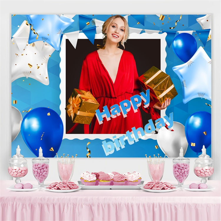 Custom Happy Birthday Backdrop Golden Gift Blue Balloon Backdrop UK TWW3-66