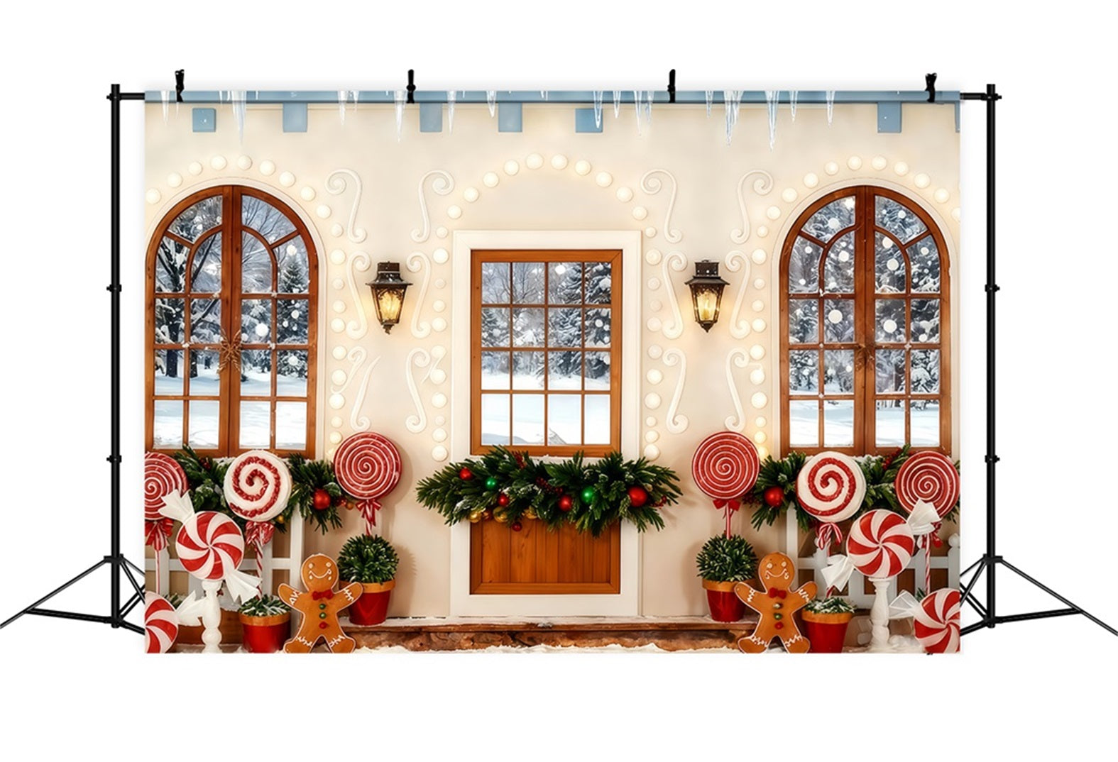 Gingerbread Backdrop Candy Cane Gingerbread Porch Christmas Backdrops Sale UK TWW510-100