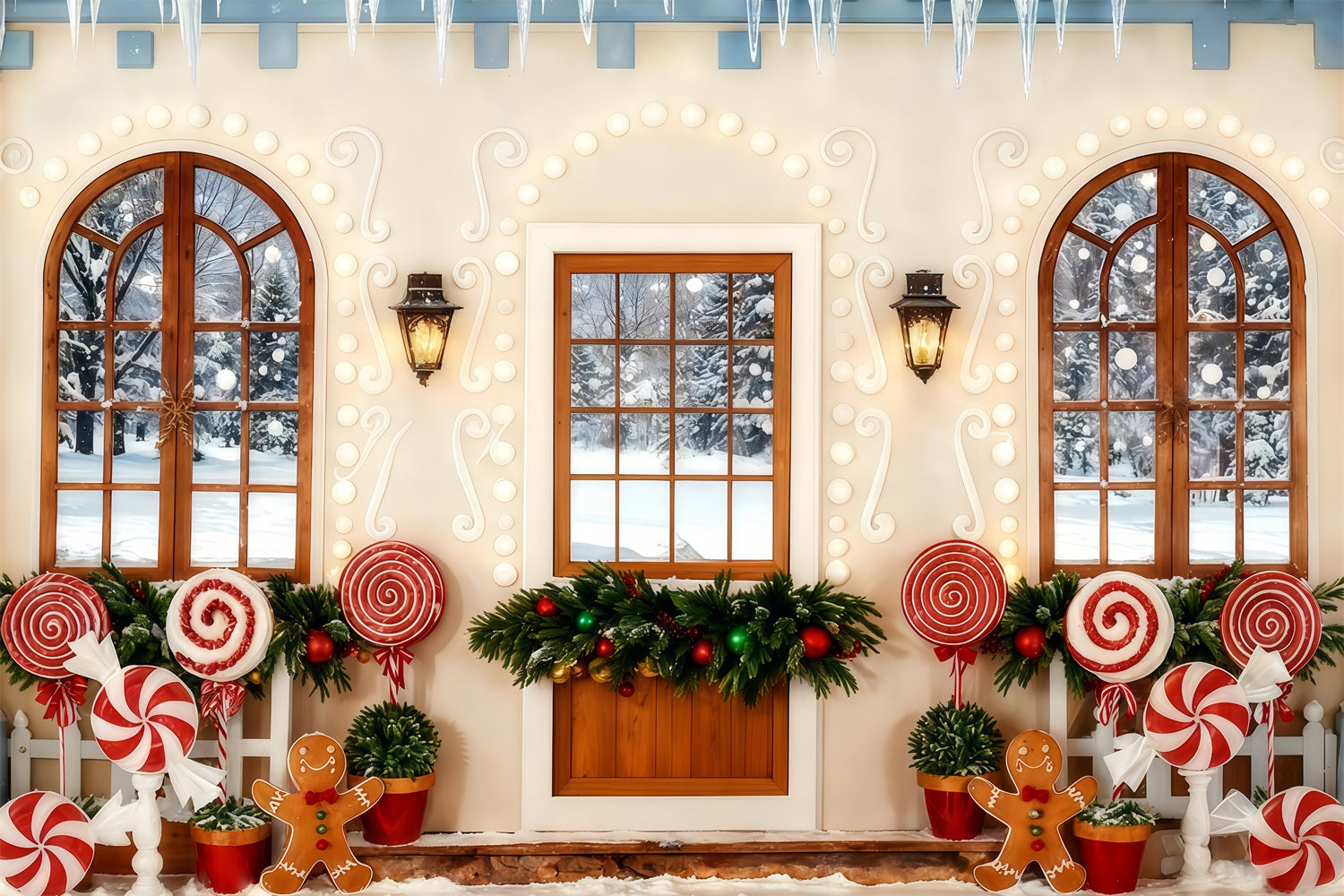 Gingerbread Backdrop Candy Cane Gingerbread Porch Christmas Backdrops Sale UK TWW510-100