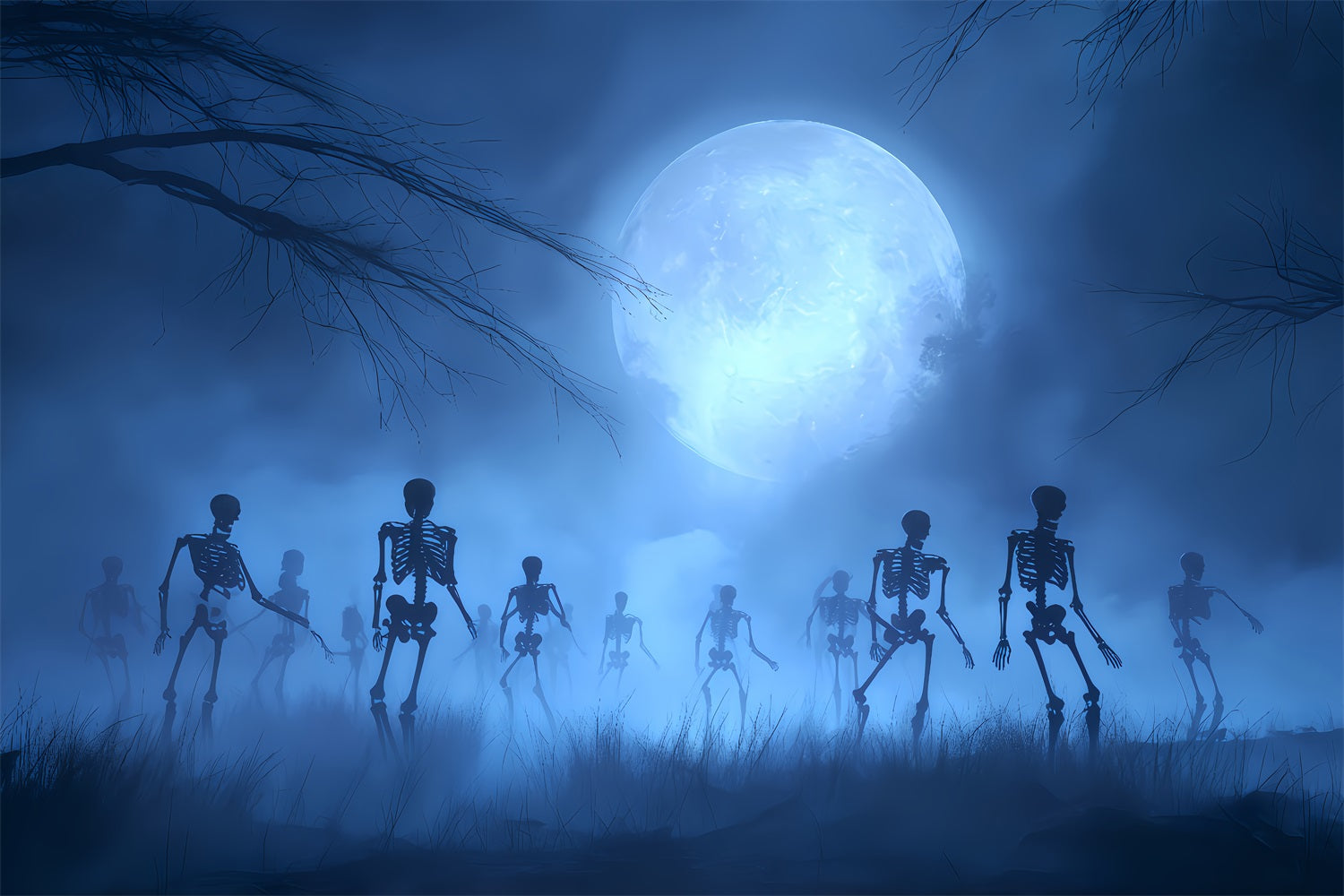 Halloween Ghost Backdrop Skeletons Rising Under Blue Moon Scary Halloween Backdrops UK TWW510-10