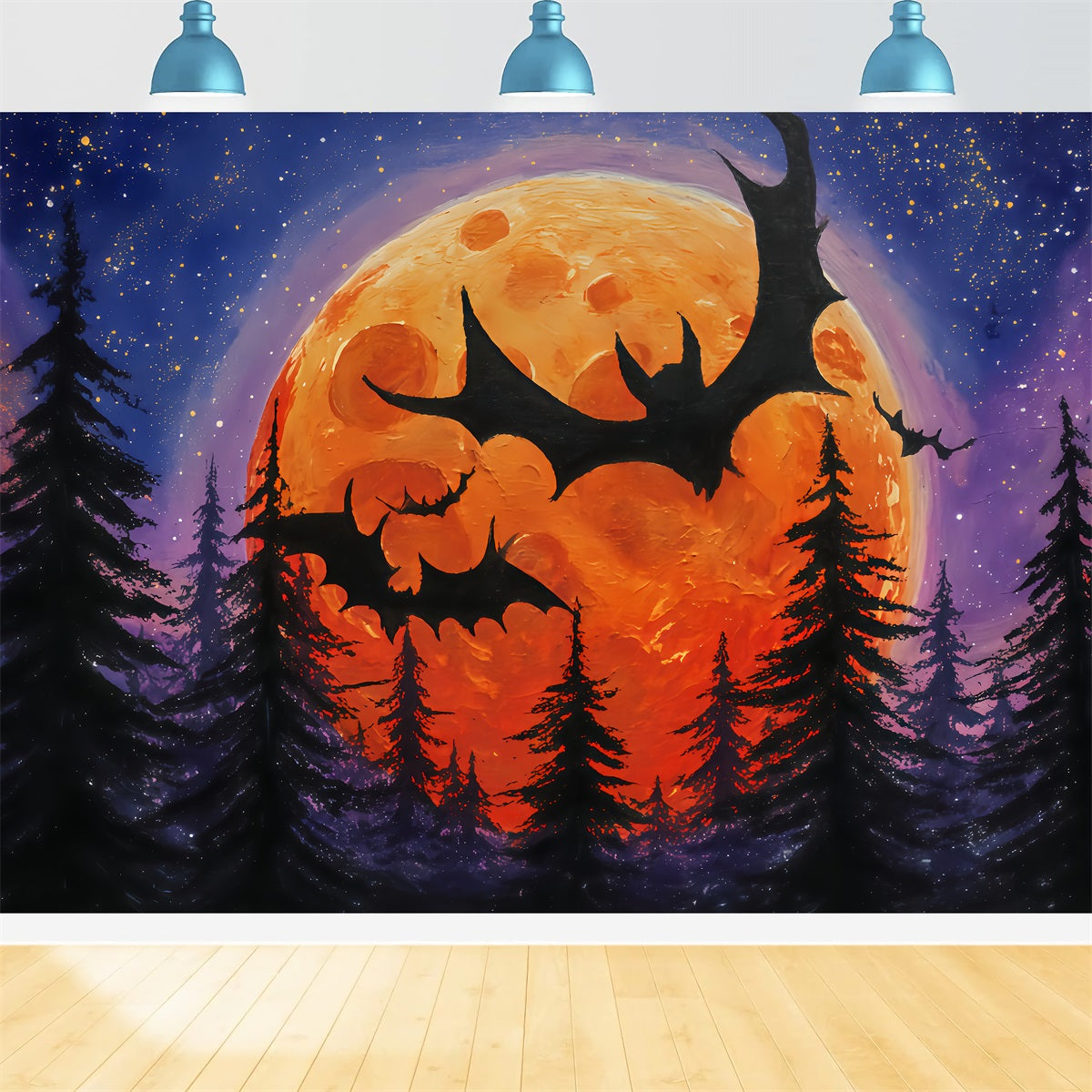Halloween Moon Backdrop Flying Bats Orange Moon Forest Halloween Backdrops UK TWW510-12