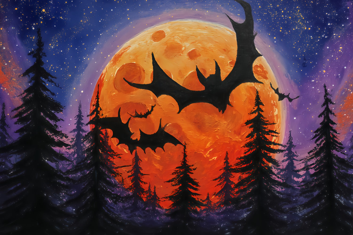 Halloween Moon Backdrop Flying Bats Orange Moon Forest Halloween Backdrops UK TWW510-12
