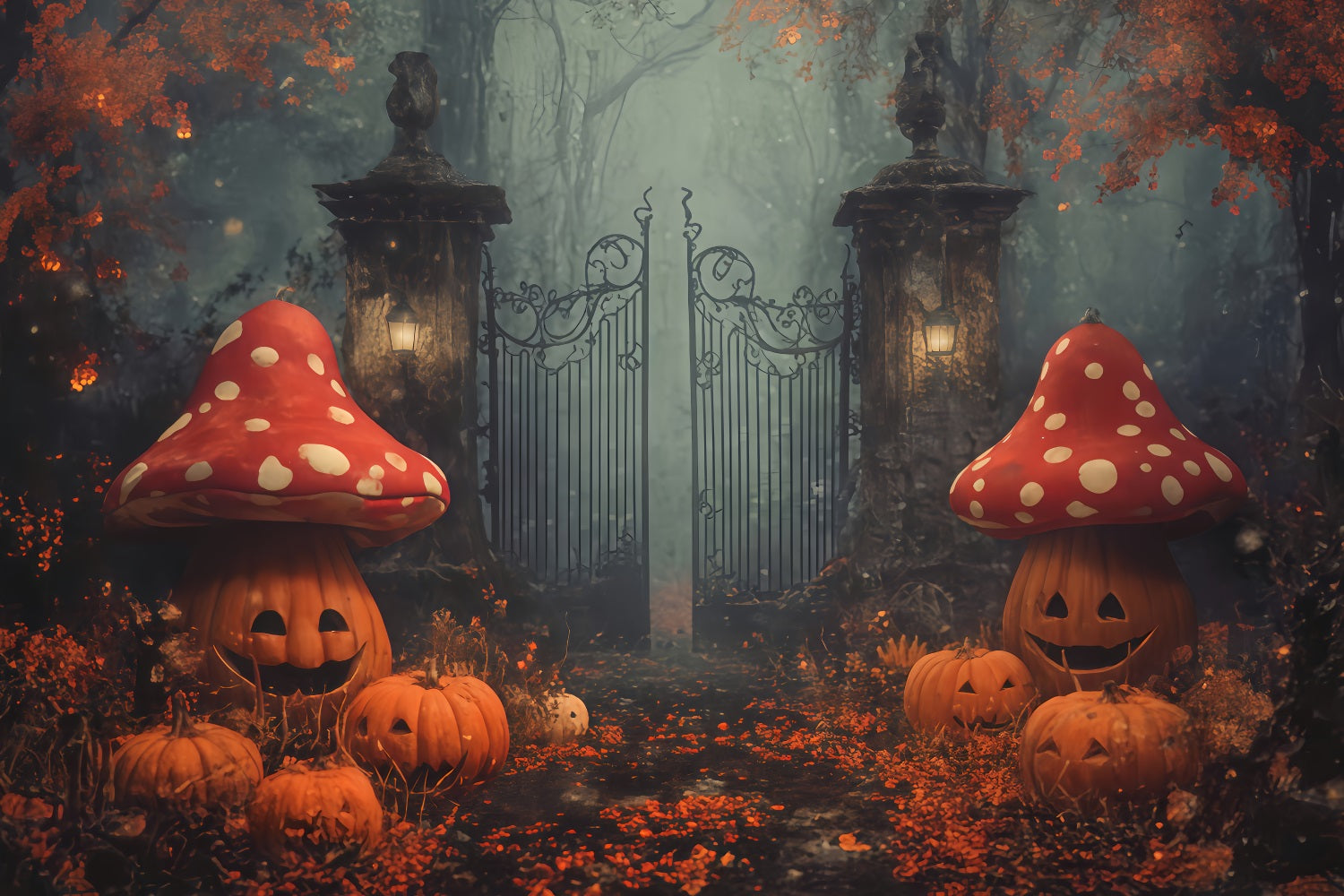 Scary Halloween Backdrops Pumpkin Mushrooms Enchanted Gate Halloween Photo Backdrop UK TWW510-13