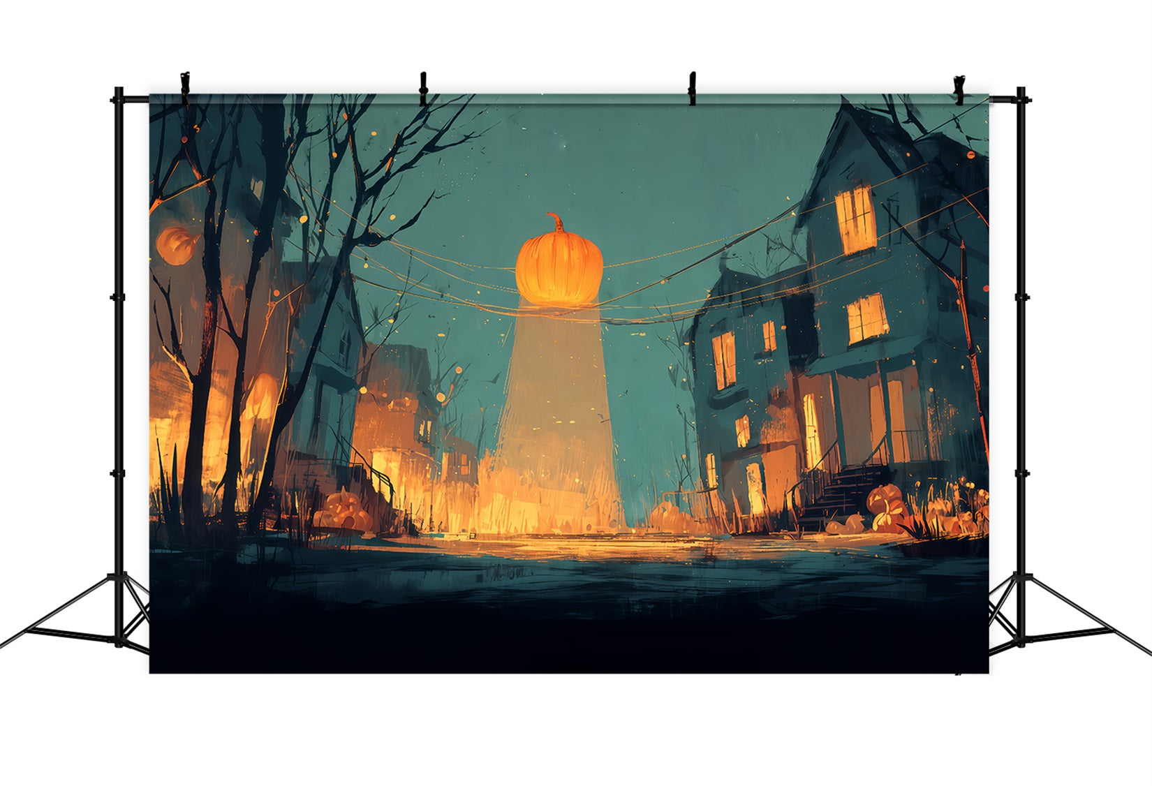 Scary Halloween Backdrops Glowing Pumpkin Street Nightfall Halloween Backdrop For Photos UK TWW510-14