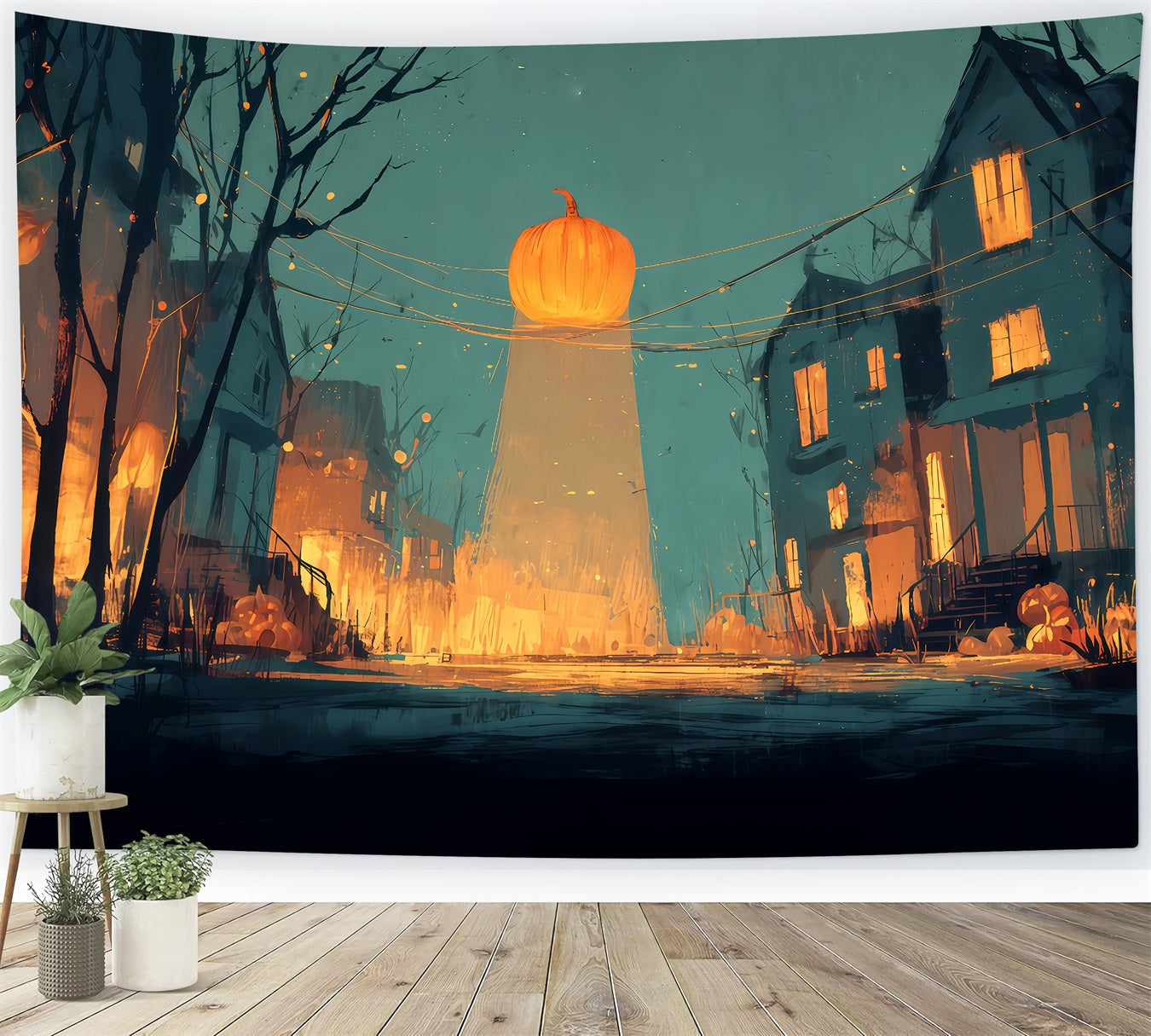 Scary Halloween Backdrops Glowing Pumpkin Street Nightfall Halloween Backdrop For Photos UK TWW510-14