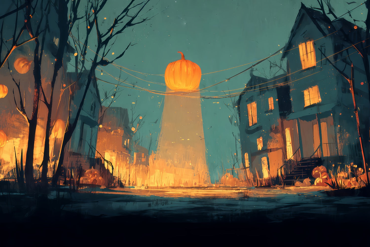 Scary Halloween Backdrops Glowing Pumpkin Street Nightfall Halloween Backdrop For Photos UK TWW510-14