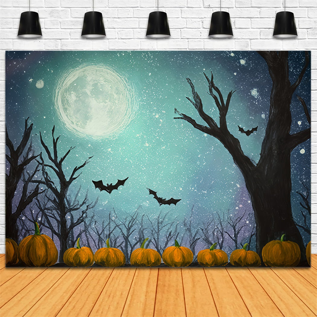 Halloween Moon Backdrop Bats Pumpkins Starry Moonlight Halloween Photo Backdrops UK TWW510-17