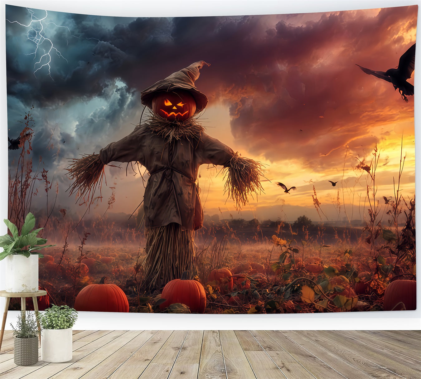 Haunted Forest Backdrop Pumpkin Scarecrow Stormy Field Spooky Halloween Backdrop UK TWW510-18
