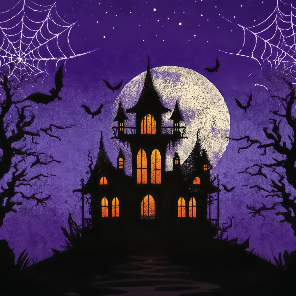 Halloween Bat Backdrop Haunted Castle Purple Moon Scary Halloween Backdrops UK TWW510-20