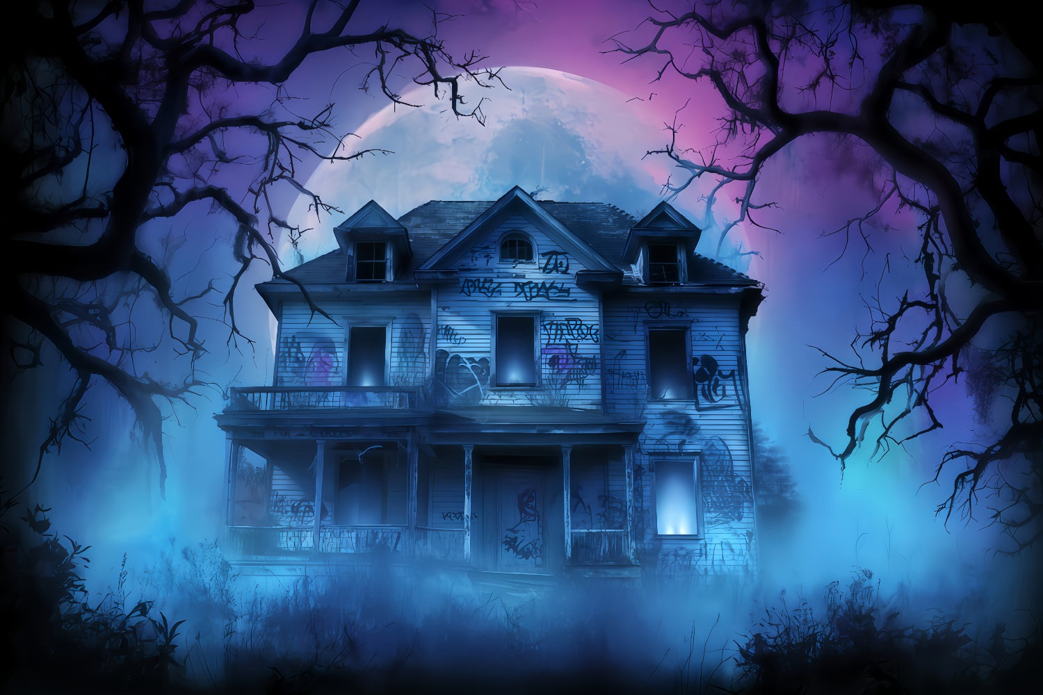 Haunted Mansion Backdrop Abandoned House Fog Night Halloween Backdrop For Photos UK TWW510-24