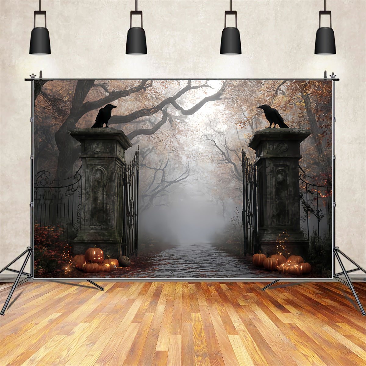 Haunted Forest Backdrop Foggy Graveyard Gate Entrance Halloween Photo Backdrop UK TWW510-3