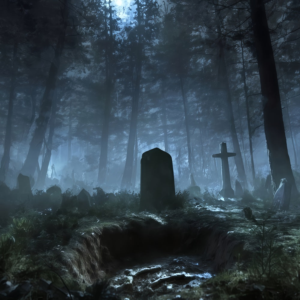 Graveyard Backdrop Backdrop Misty Forest Graveyard Shadows Halloween Backdrop For Photos UK TWW510-34