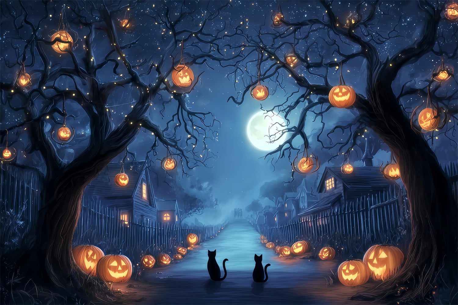 Halloween Color Backdrop Pumpkin Lane Midnight Cats Spooky Halloween Backdrop UK TWW510-38