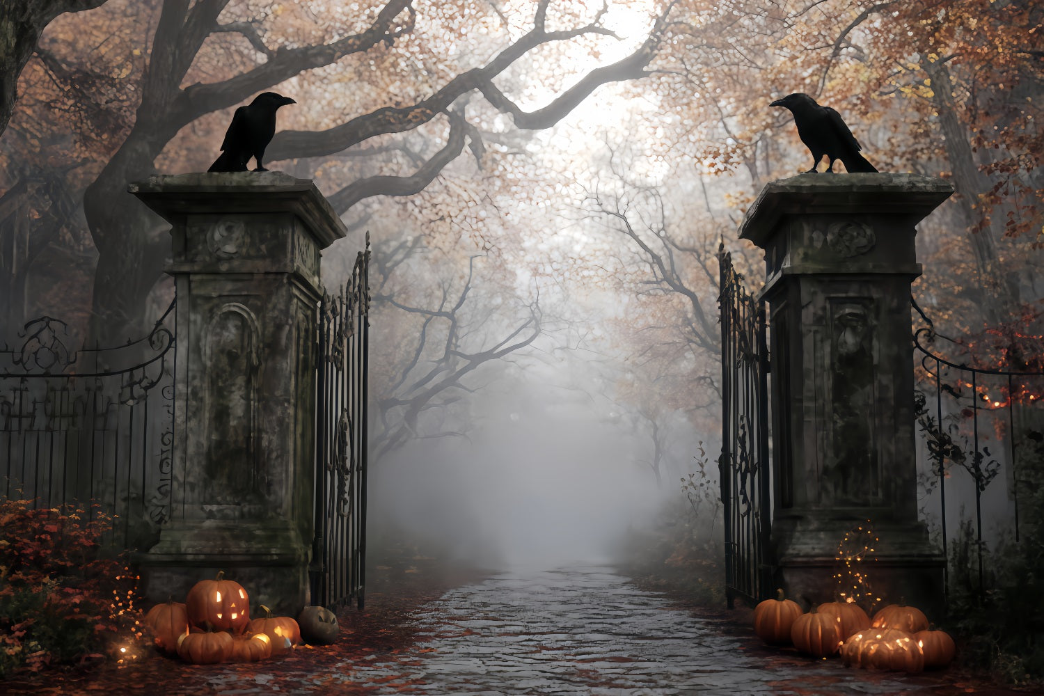 Haunted Forest Backdrop Foggy Graveyard Gate Entrance Halloween Photo Backdrop UK TWW510-3