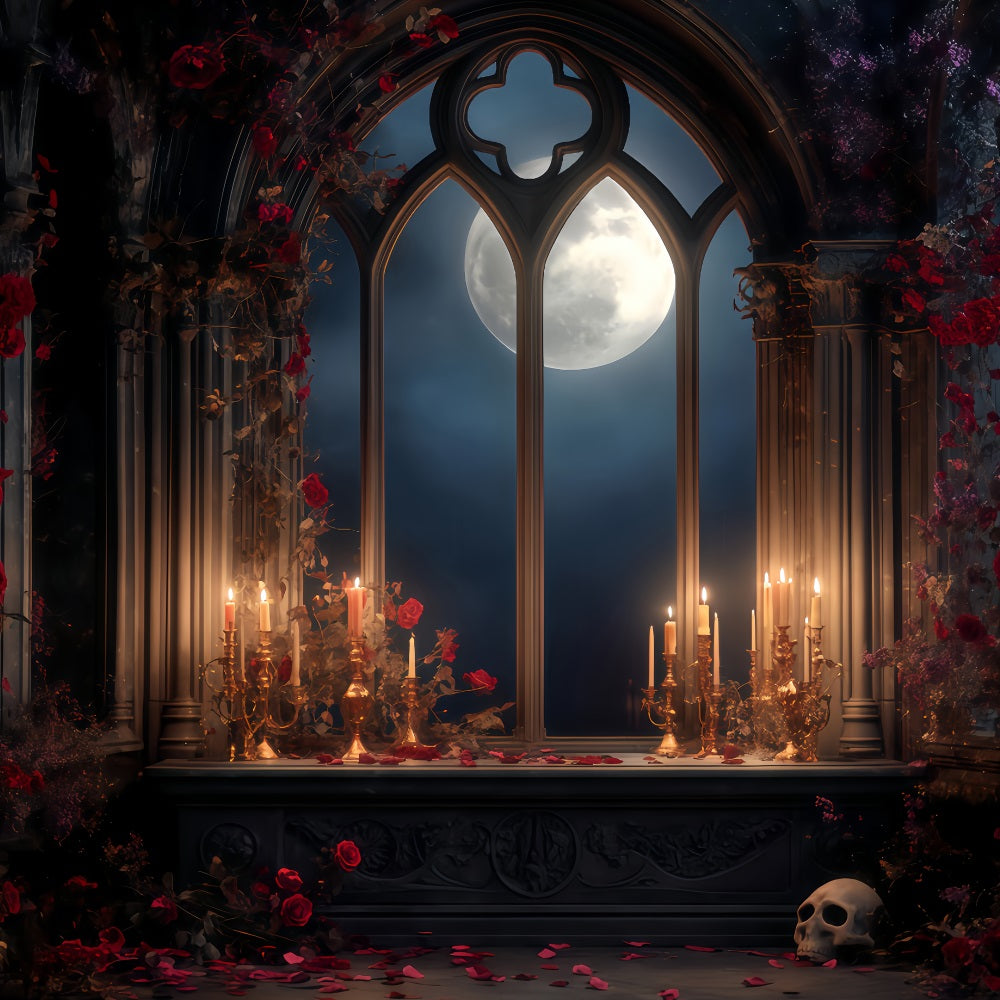 Scary Halloween Backdrops Moonlit Gothic Candle Altar Halloween Photo Backdrops UK TWW510-47