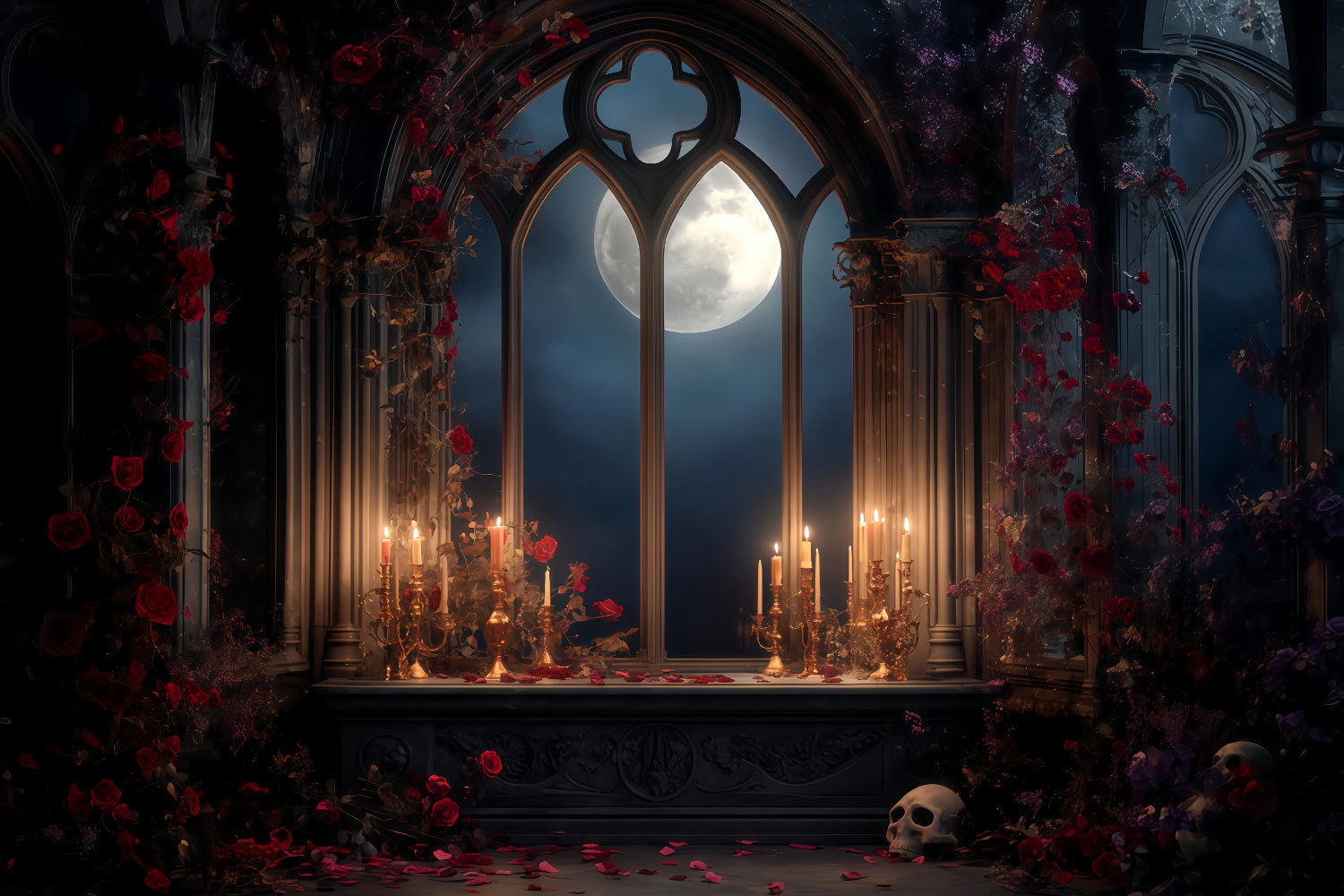 Scary Halloween Backdrops Moonlit Gothic Candle Altar Halloween Photo Backdrops UK TWW510-47