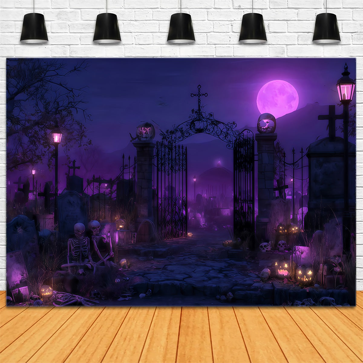 Halloween Ghost Backdrop Purple Moon Graveyard Gate Halloween Photography Backdrop UK TWW510-49