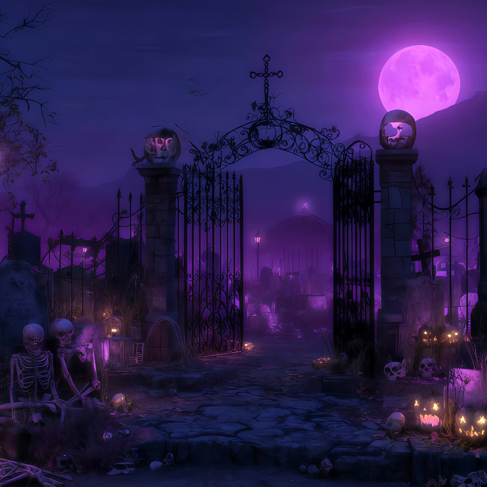 Halloween Ghost Backdrop Purple Moon Graveyard Gate Halloween Photography Backdrop UK TWW510-49