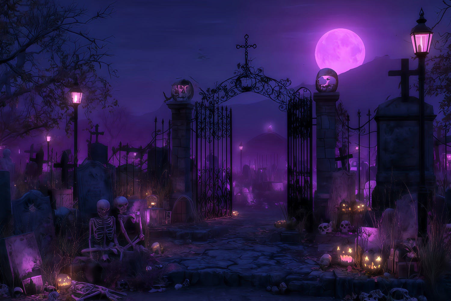 Halloween Ghost Backdrop Purple Moon Graveyard Gate Halloween Photography Backdrop UK TWW510-49