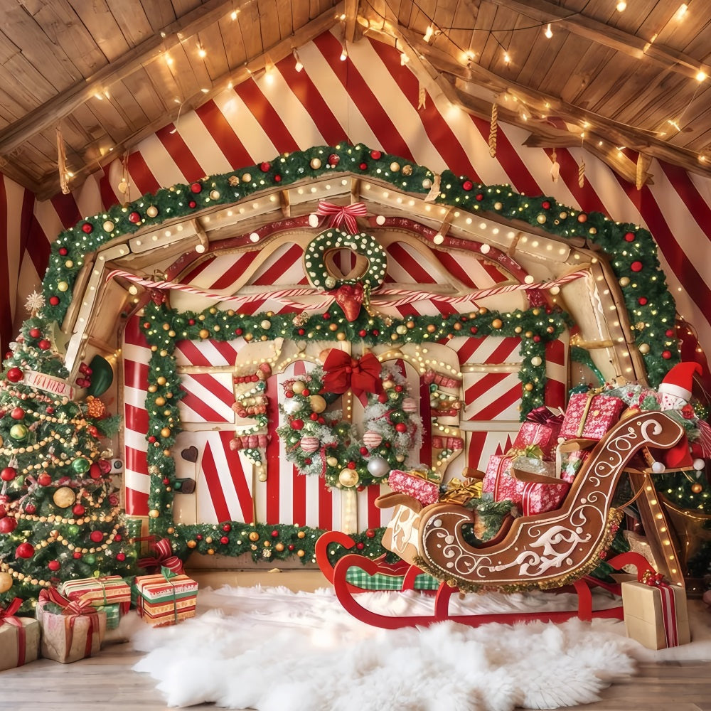 Gingerbread Backdrop Peppermint Sleigh Gift Room Christmas Photo Backdrop UK TWW510-52
