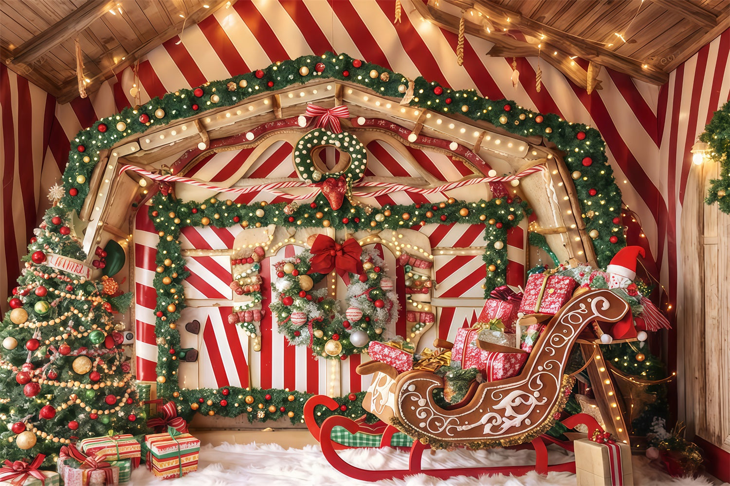 Gingerbread Backdrop Peppermint Sleigh Gift Room Christmas Photo Backdrop UK TWW510-52