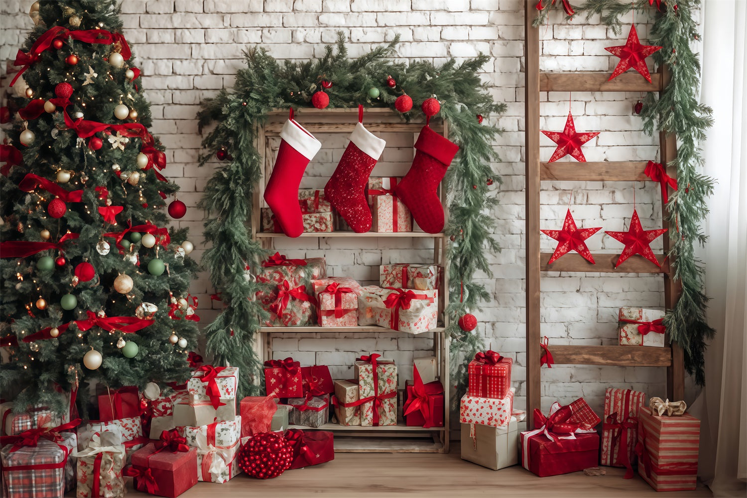 Christmas Wall Backdrop Cozy Stocking Gift Corner Christmas Backdrops UK TWW510-57