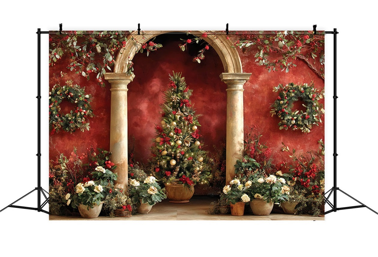 Christmas Tree Backdrop Red Arch Garden Elegance Christmas Photo Backdrops UK TWW510-59