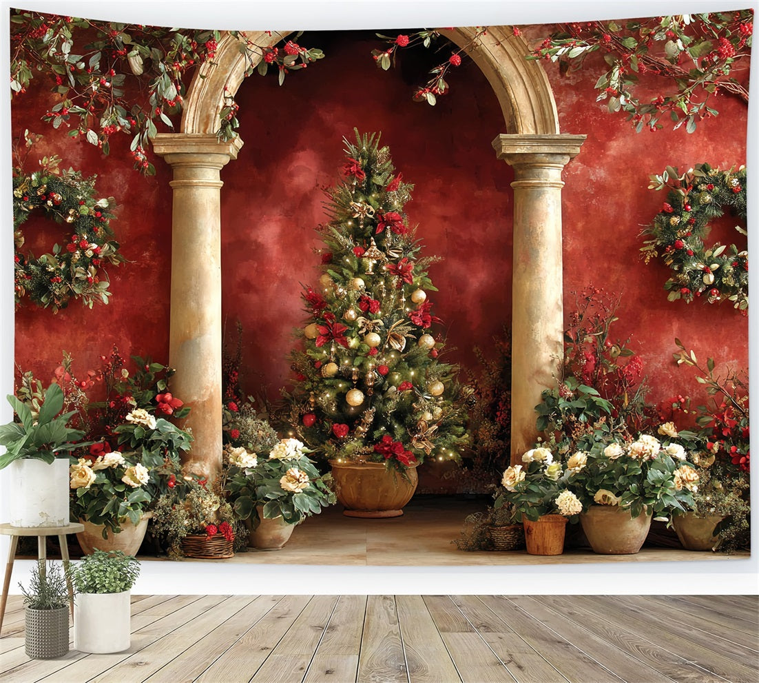 Christmas Tree Backdrop Red Arch Garden Elegance Christmas Photo Backdrops UK TWW510-59