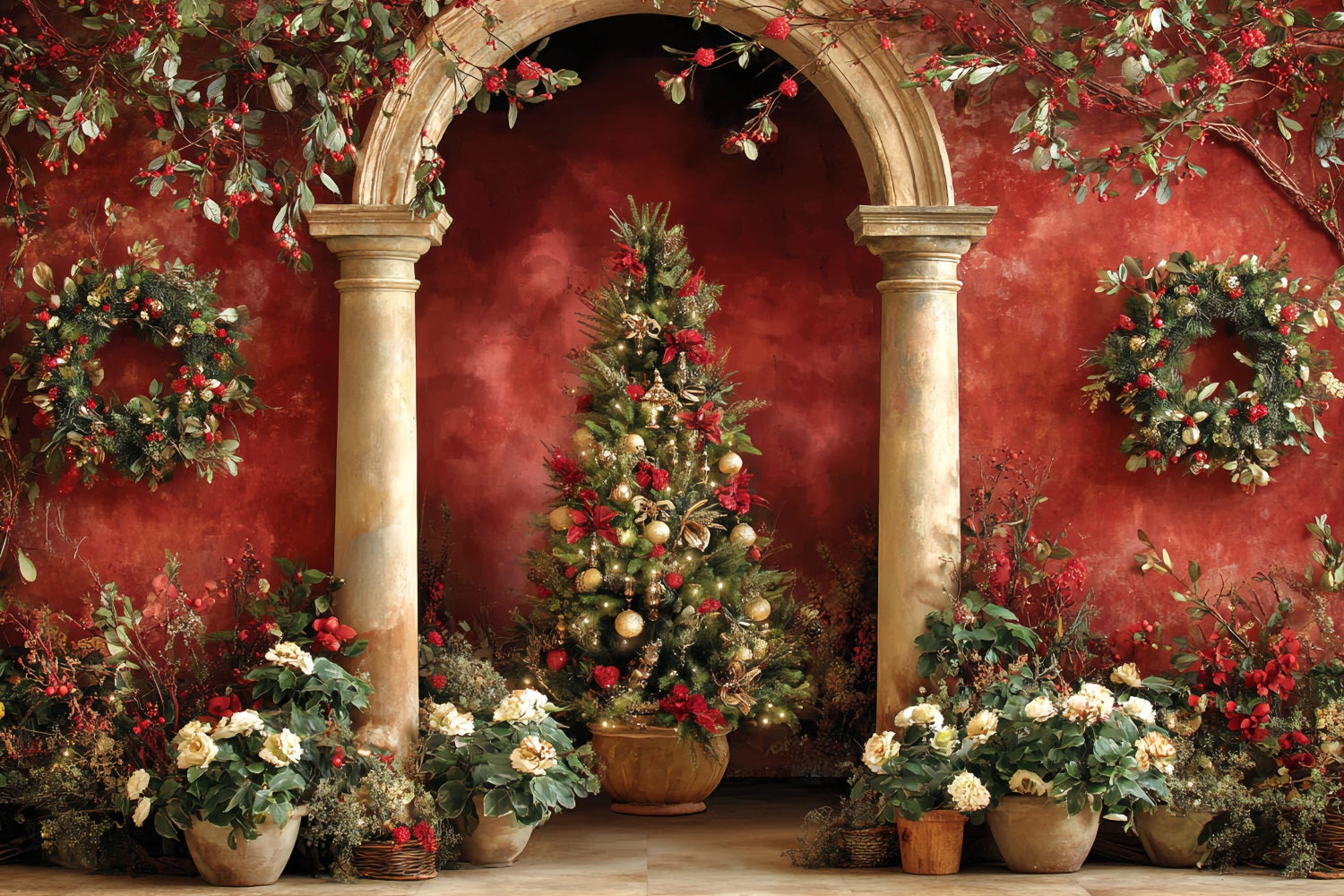 Christmas Tree Backdrop Red Arch Garden Elegance Christmas Photo Backdrops UK TWW510-59