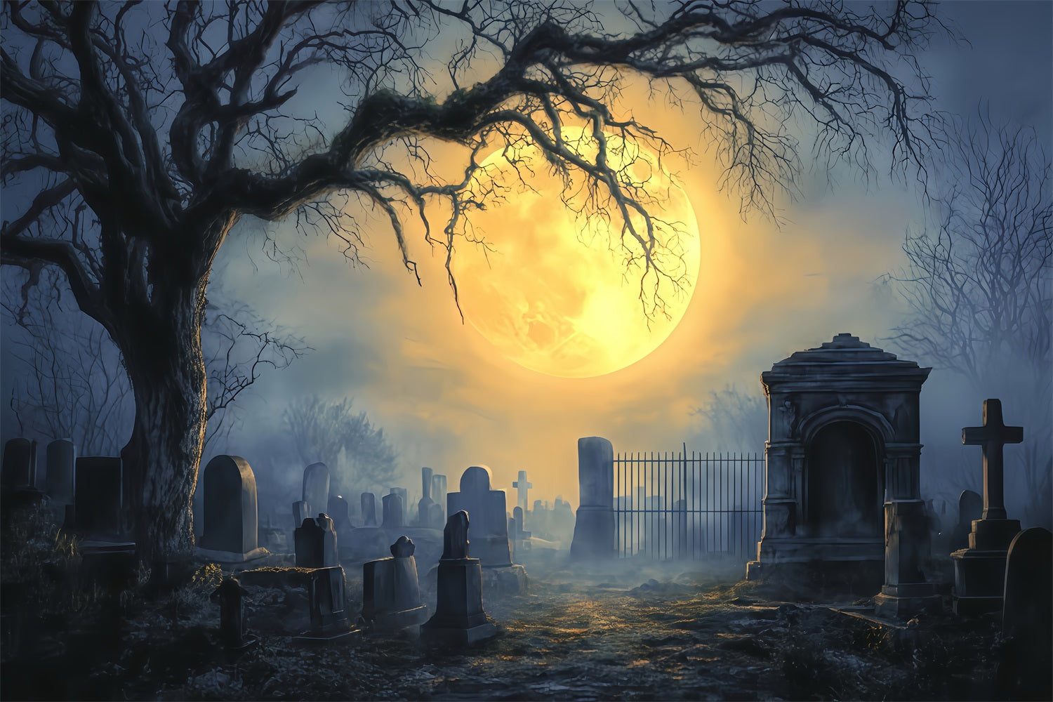 Graveyard Backdrop Full Moon Haunted Cemetery Halloween Backdrop Ideas UK TWW510-5