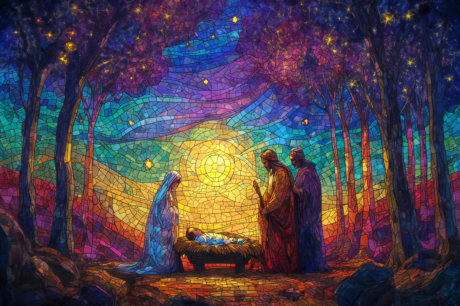 Nativity Backdrop Stained Glass Nativity Glow Christmas Backdrops Sale UK TWW510-60